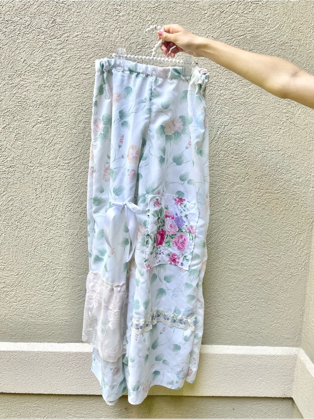 Cottagecore Floral Wide Leg Pants with patch & lace, cotton